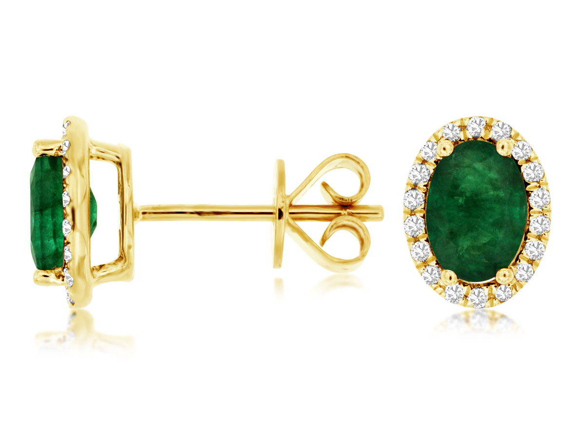 Gold stud earrings with oval emerald center, diamond halo, and secure backings. Elegant gemstone jewelry, luxury accessories.